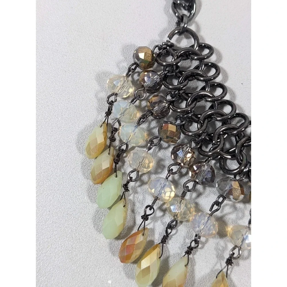Gunmetal Gray Beige Glass Bead Woven‎ Bib Statement Necklace Fringe 20